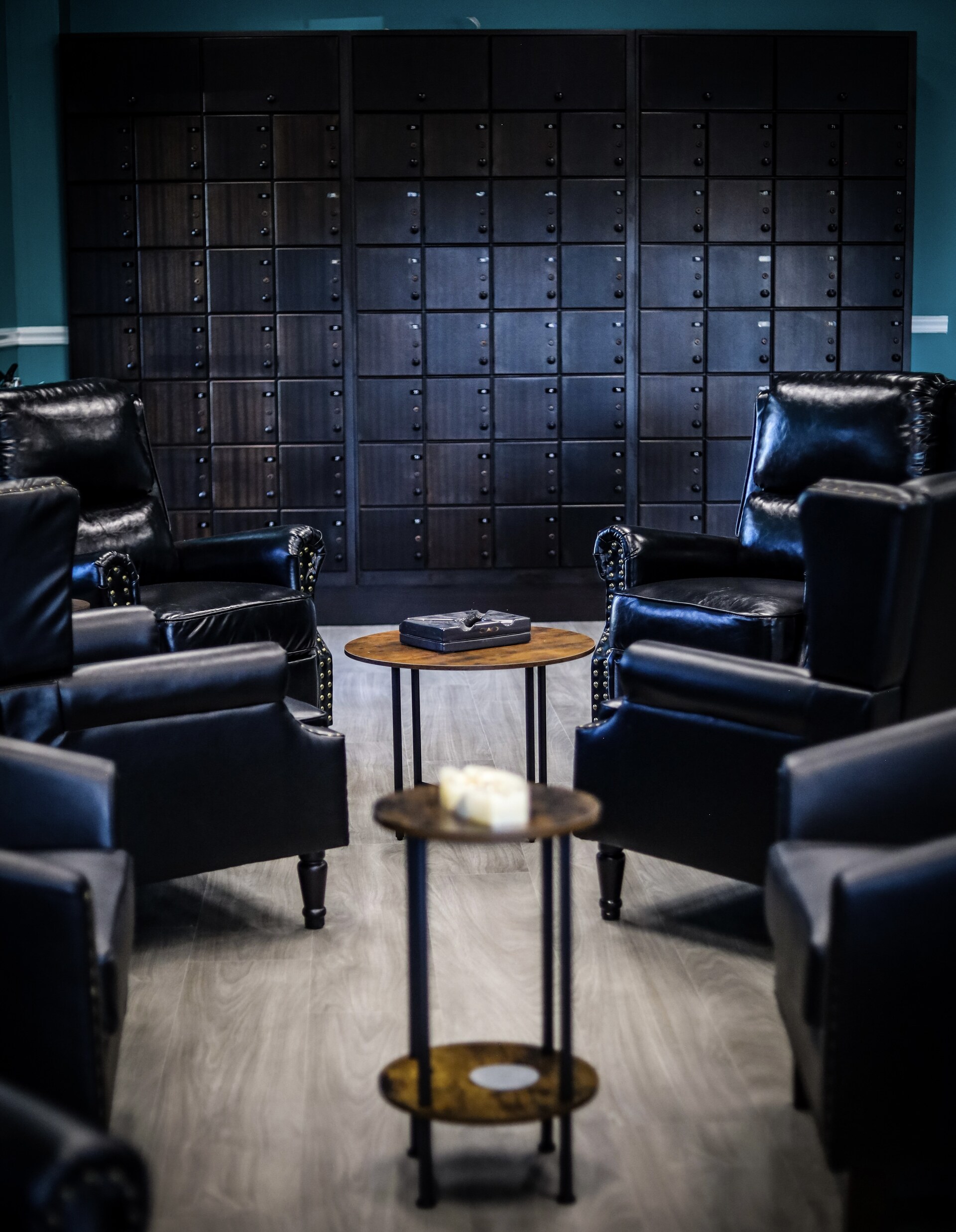 Lounge seating facing a wall of lockers